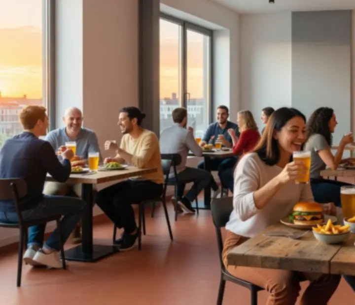 Urban, industrial bistro atmosphere at Urbanpont88 with guests enjoying food and drinks.