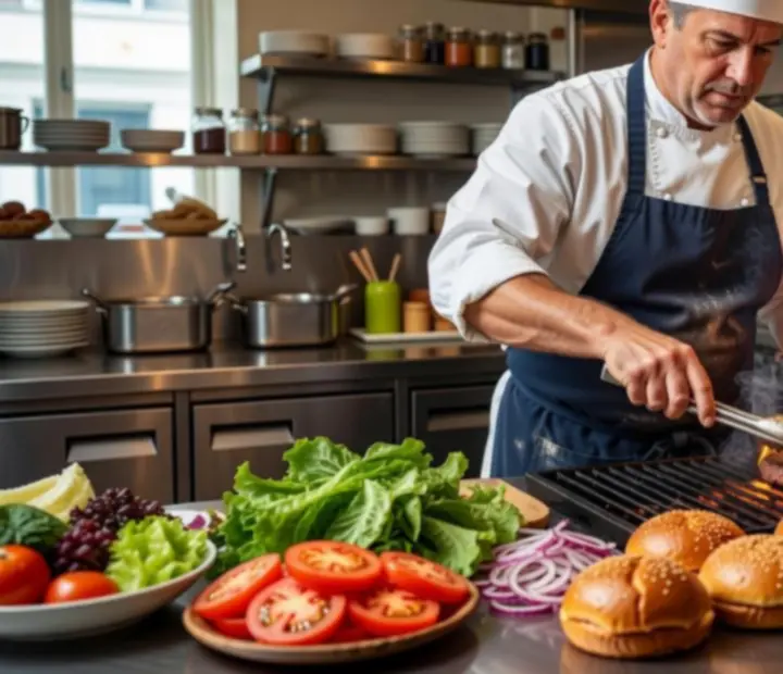 Chef grilling handcrafted hamburgers in the urbanpont88 kitchen