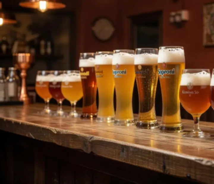 Lineup of craft beer glasses on the bar at Urbanpont88.