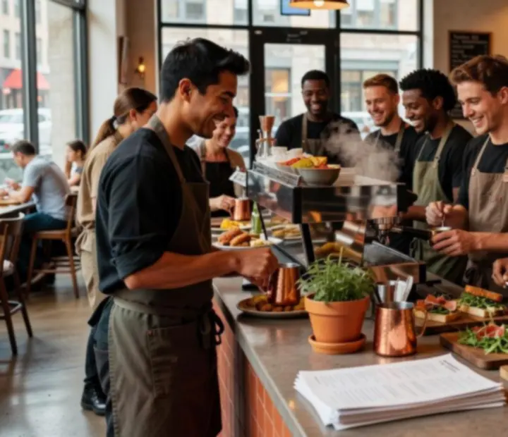 Team members at urbanpont88 working together in a bright cafe-style bistro.