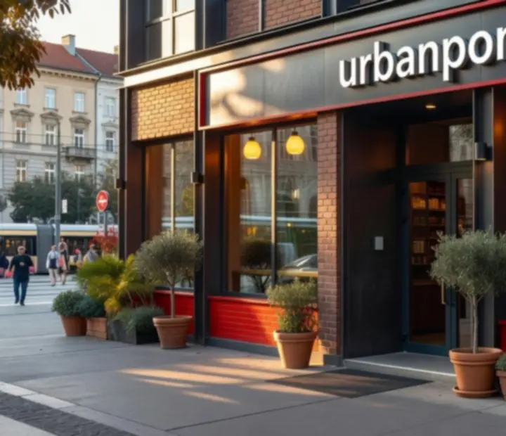 Exterior of Urbanpont88, a modern steel-and-glass urban bistro in Budapest, glowing with warm interior lights.