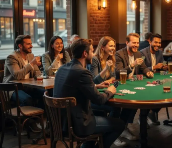 Friends gathered around a casual poker table inside the urbanpont88 bistro