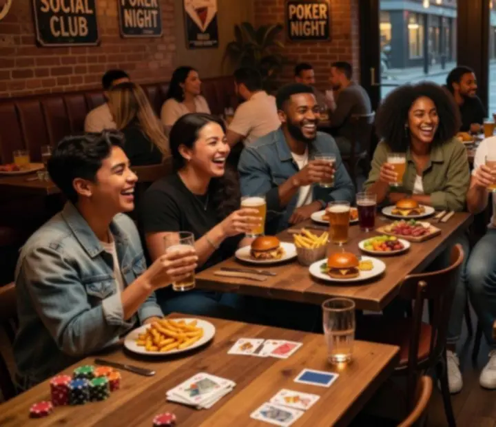Group of friends gathered around a poker table at Urbanpont88, sharing food and conversation.