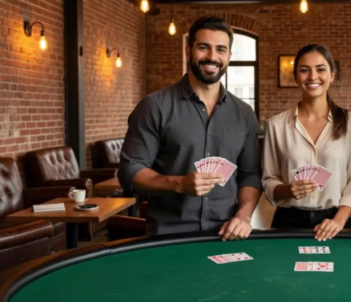 Urbanpont88 poker host team standing together in the lounge, welcoming players.