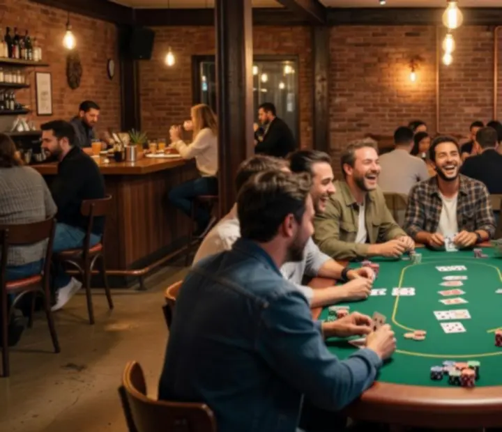 Cozy industrial poker lounge atmosphere at Urbanpont88 in Budapest with players around a green felt table.