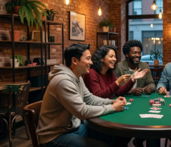 Friends gathered around a green-felt poker table at Urbanpont88.
