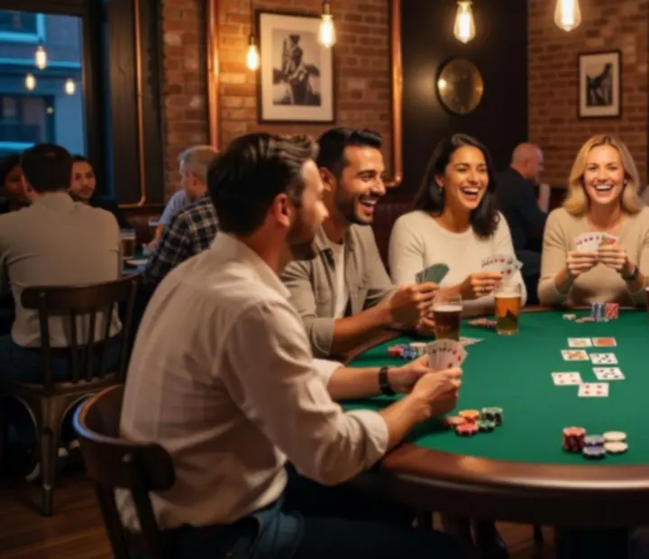 Friends gathered around a green-felt poker table at Urbanpont88's offline poker lounge