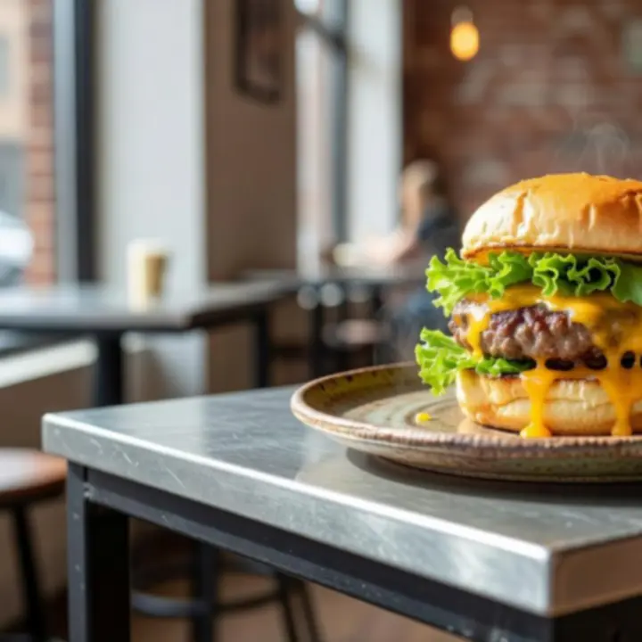 Close-up of signature burgers at Urbanpont88 with melted cheese and toasted brioche buns.