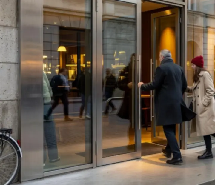 Street view of a modern Hungarian bistro entrance with steel-and-glass frontage between lively cafés.