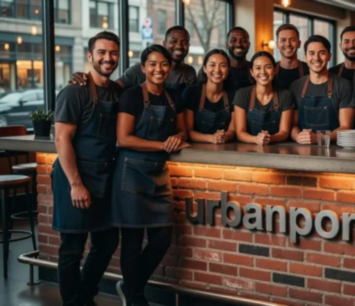 urbanpont88 team gathered behind the bar welcoming guests