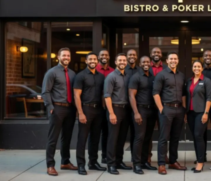 A group photo of the urbanpont88 team standing together in the bistro and poker lounge.
