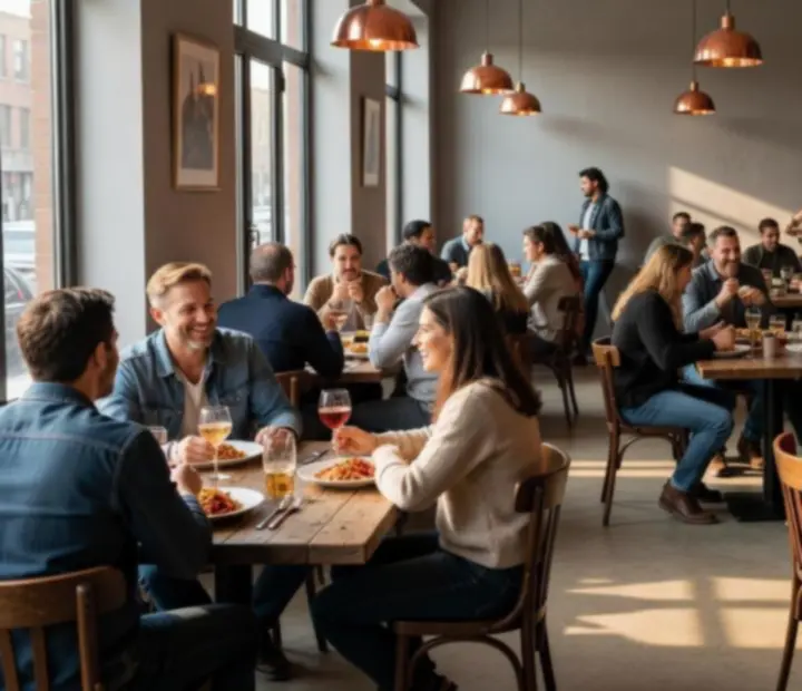 Sunlit industrial-chic bistro interior at urbanpont88 in Budapest