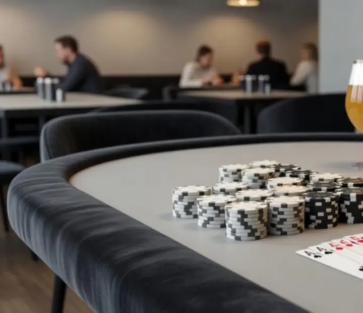 Industrial-style bistro poker table with chips, cards, and craft beers at Urbanpont88.