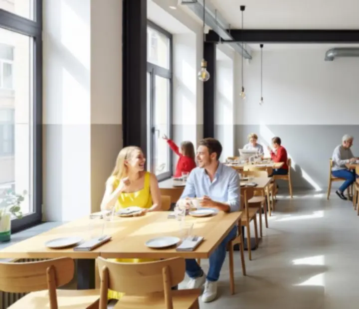 Industrial-style urban bistro interior at urbanpont88 with guests enjoying food and drinks.